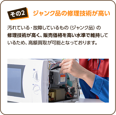 その2、ジャンク品の修理技術が高い。汚れている・故障しているもの（ジャンク品）の修理技術が高く、販売価格を高い水準で維持しているため、高額買取が可能となっております。