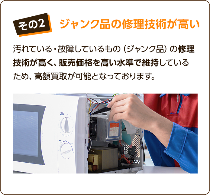 その2、ジャンク品の修理技術が高い。汚れている・故障しているもの（ジャンク品）の修理技術が高く、販売価格を高い水準で維持しているため、高額買取が可能となっております。