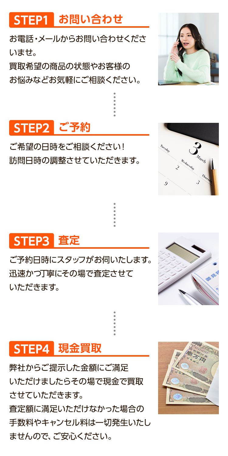 1、お問い合わせ:お電話・メールからお問い合わせくださいませ。買取希望の商品の状態やお客様のお悩みなどお気軽にご相談ください。2、ご予約:ご希望の日時をご相談ください！訪問日時の調整させていただきます。3、査定:ご予約ご予約日時にスタッフがお伺いたします。迅速かつ丁寧にその場で査定させていただきます。4、現金買取:
        弊社からご提示した金額にご満足いただけましたらその場で現金で買取させていただきます。査定額に満足いただけなかった場合の手数料やキャンセル料は一切発生いたしませんので、ご安心ください。